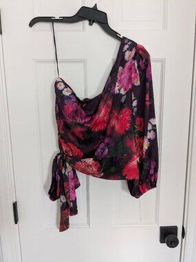 Express one shoulder satin floral cropped blouse with bow